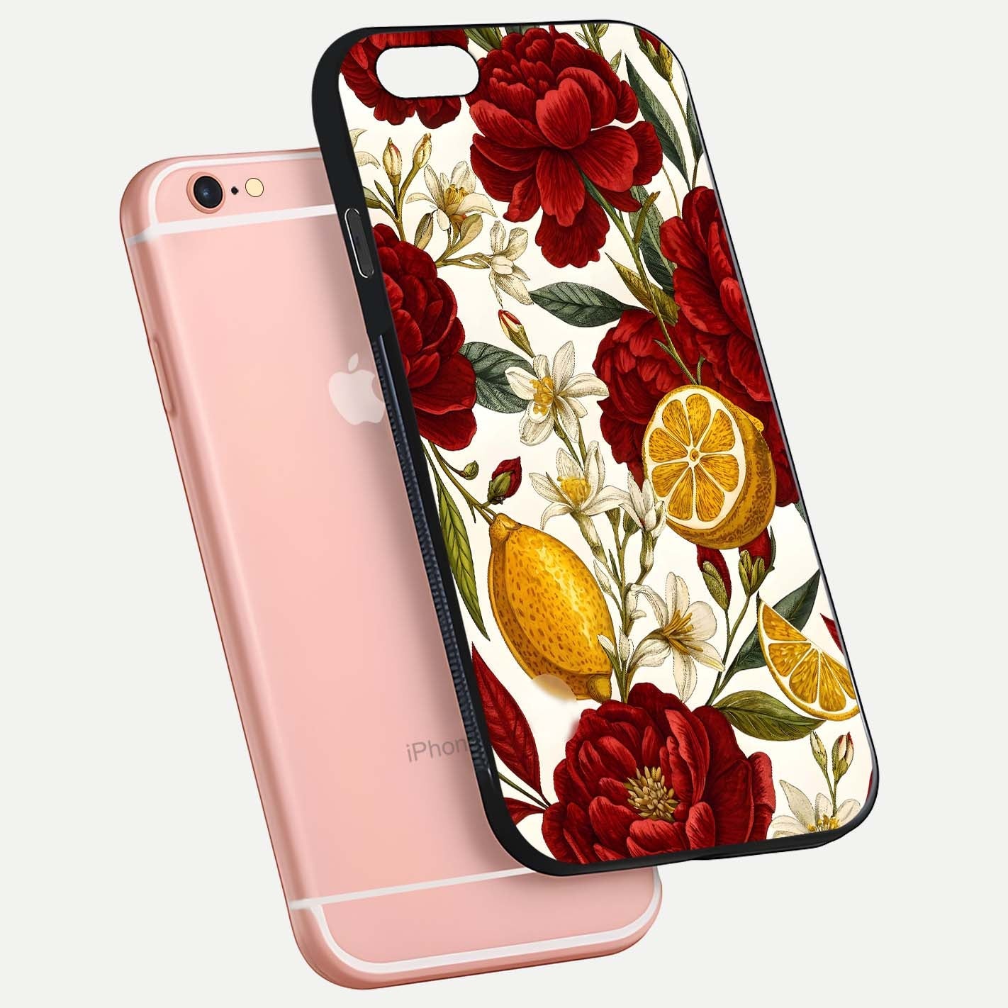 Lemon Rose Charm Glass Case for iPhone 6 Plus floating dual-view mockup showing gloss polish and floral gradient