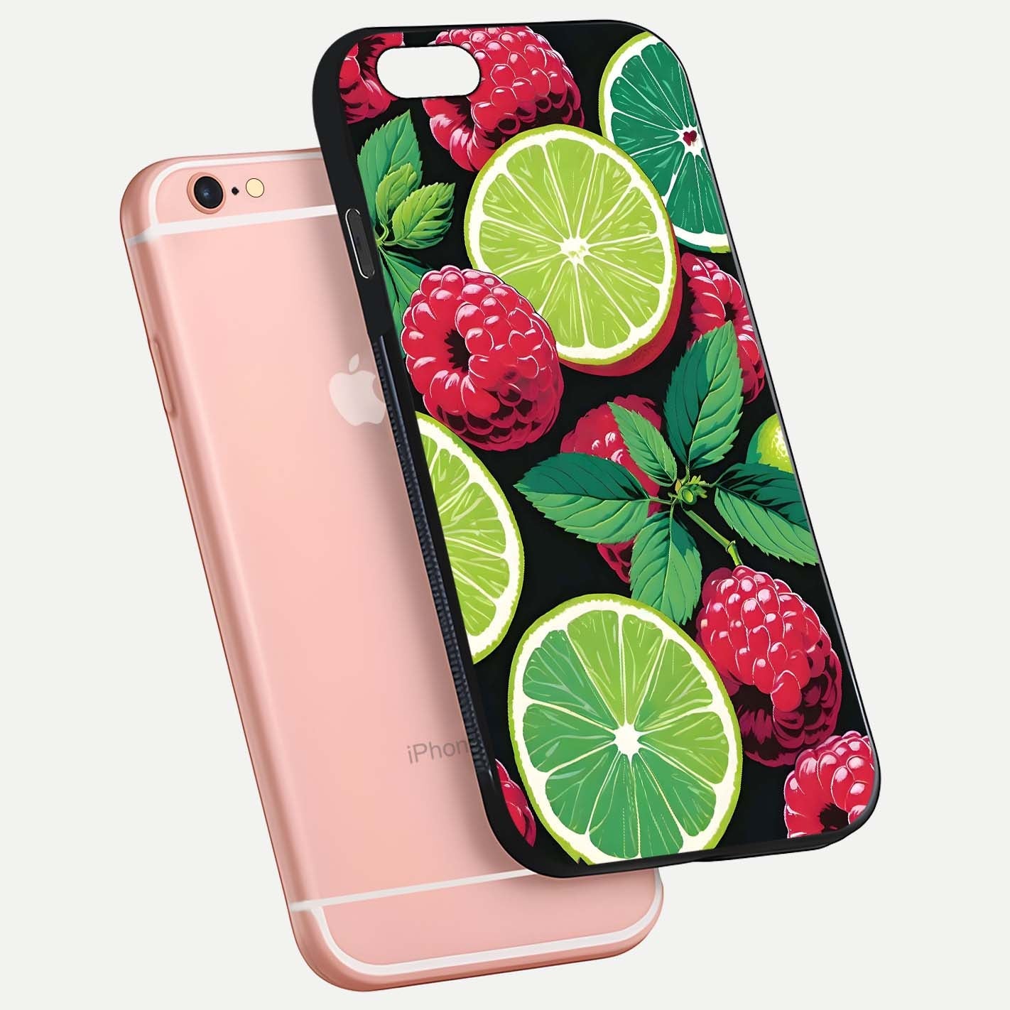 Lime and Raspberry Pattern Glass Case for iPhone 6 Plus floating dual-view showing HD gloss and vivid print