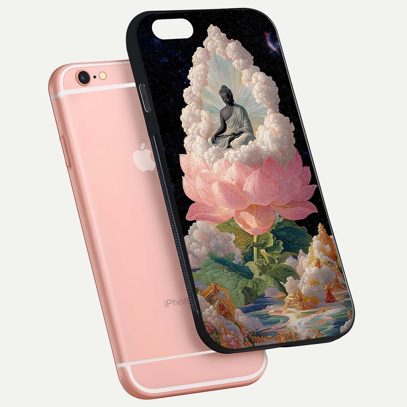 Lotus Divine Peace Glass Case for iPhone 6 Plus floating dual-view mockup with glass glow and spiritual calm art