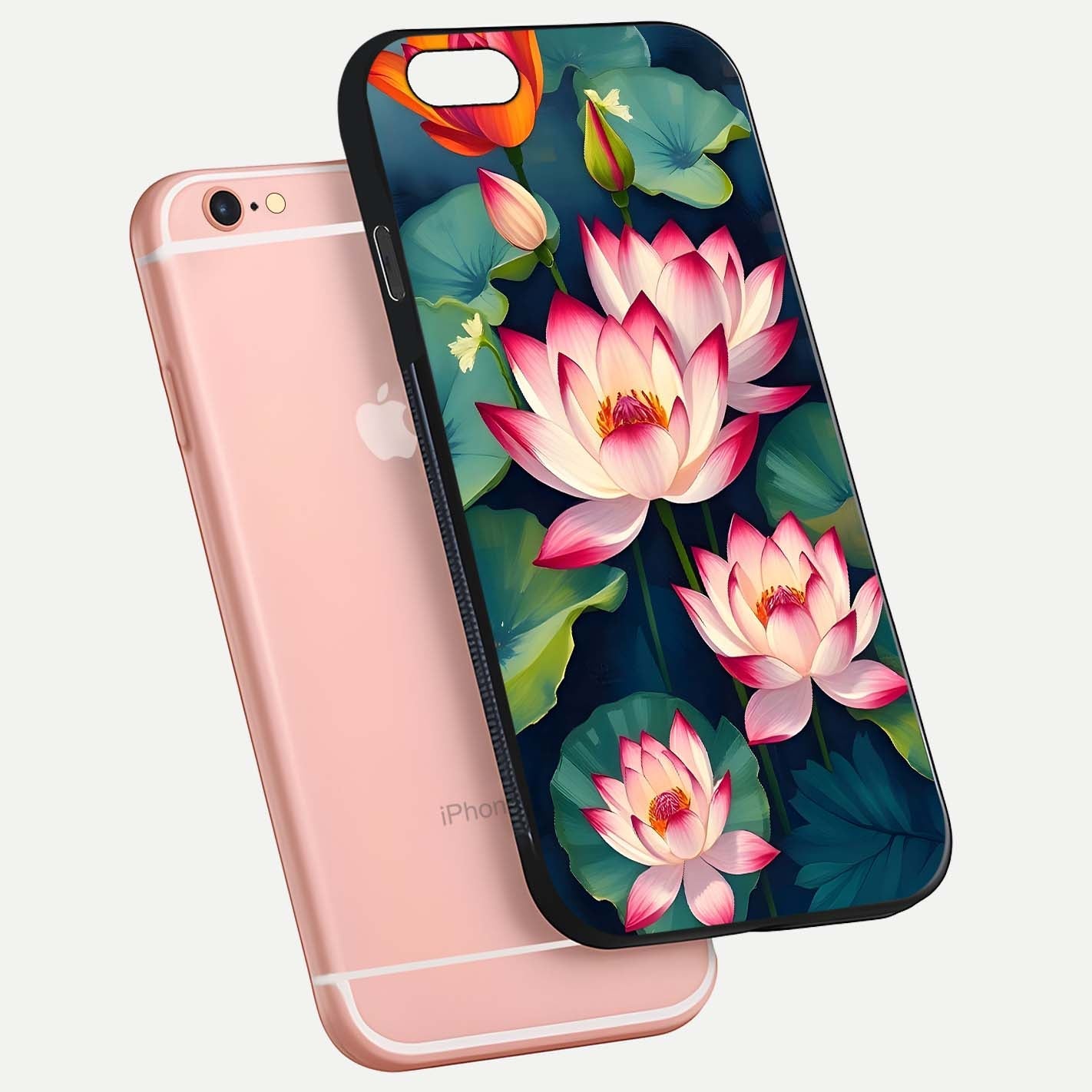 Lotus Dream Serenity Glass Case for iPhone 6 Plus floating dual-view mockup highlighting HD gloss glow
