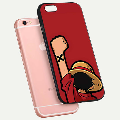 Luffy X Spirit Glass Case for iPhone 6 Plus floating dual-view mockup showing gloss polish and vibrant color depth