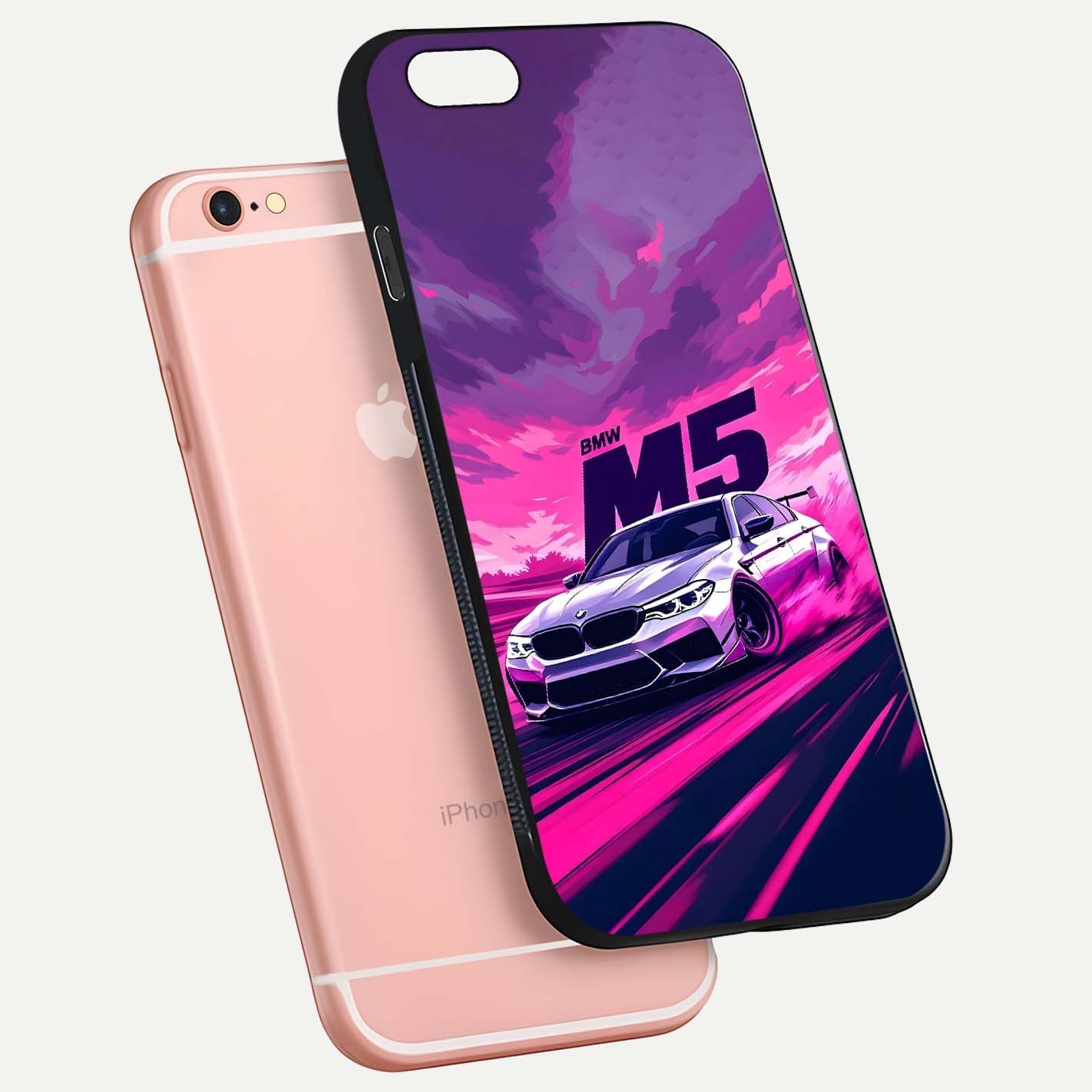 MS Neon Car Glass Case for iPhone 6 Plus floating dual-view mockup showing HD gloss and electric color tones