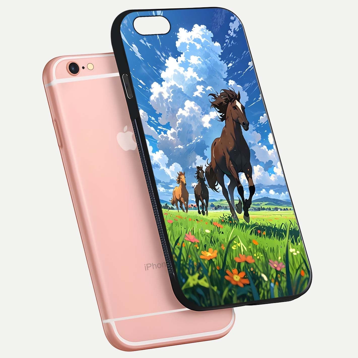 Majestic Horses Galloping Glass Case for iPhone 6 Plus floating dual-view mockup showing gloss texture and vivid tones