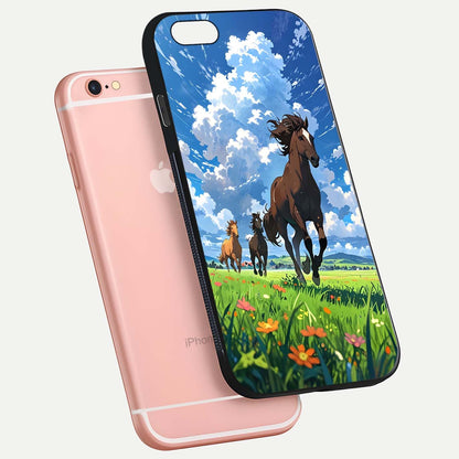 Majestic Horses Galloping Glass Case for iPhone 6 Plus floating dual-view mockup showing gloss texture and vivid tones
