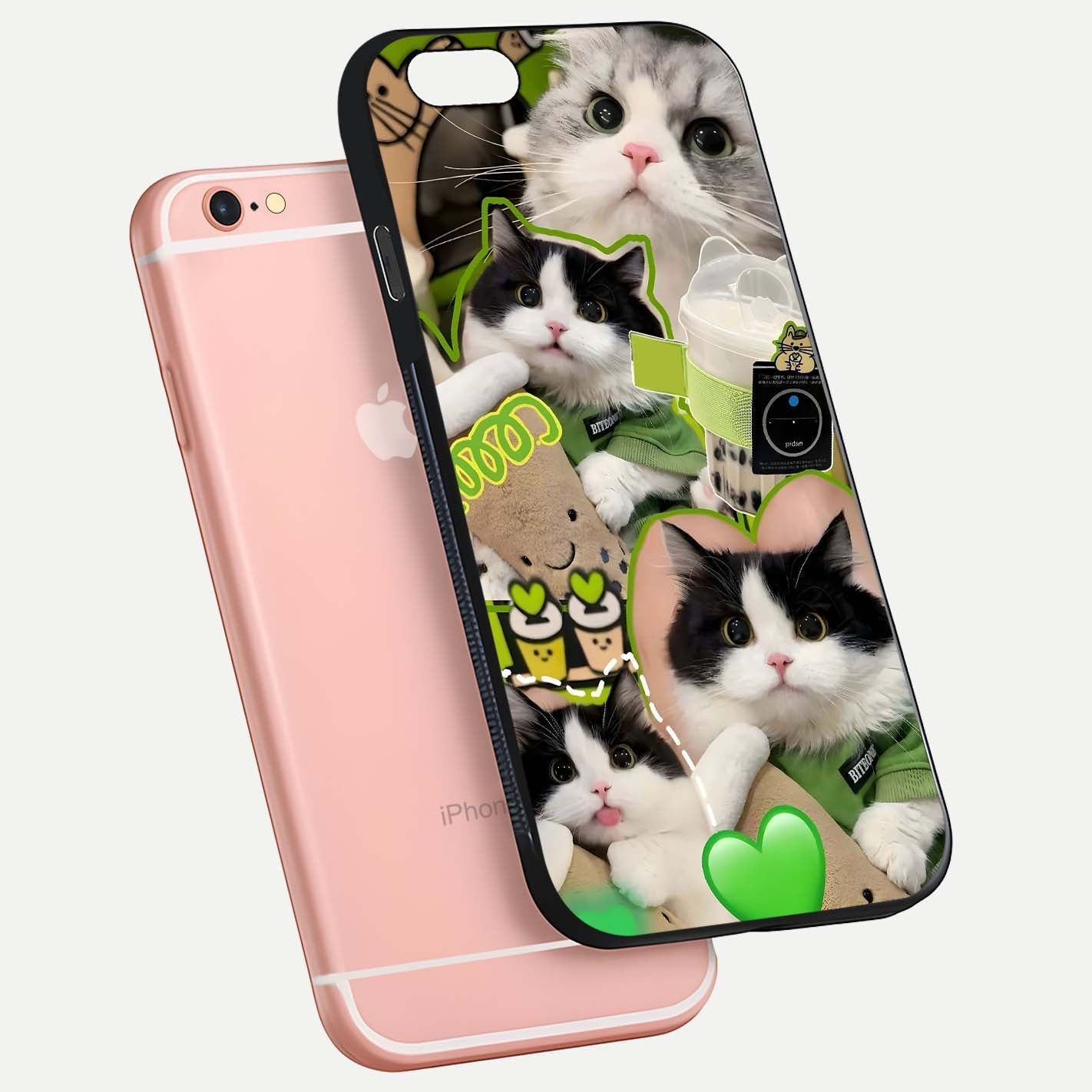 Matcha Cats Mood Glass Case for iPhone 6 Plus floating dual-view mockup showing HD gloss surface and soft tones