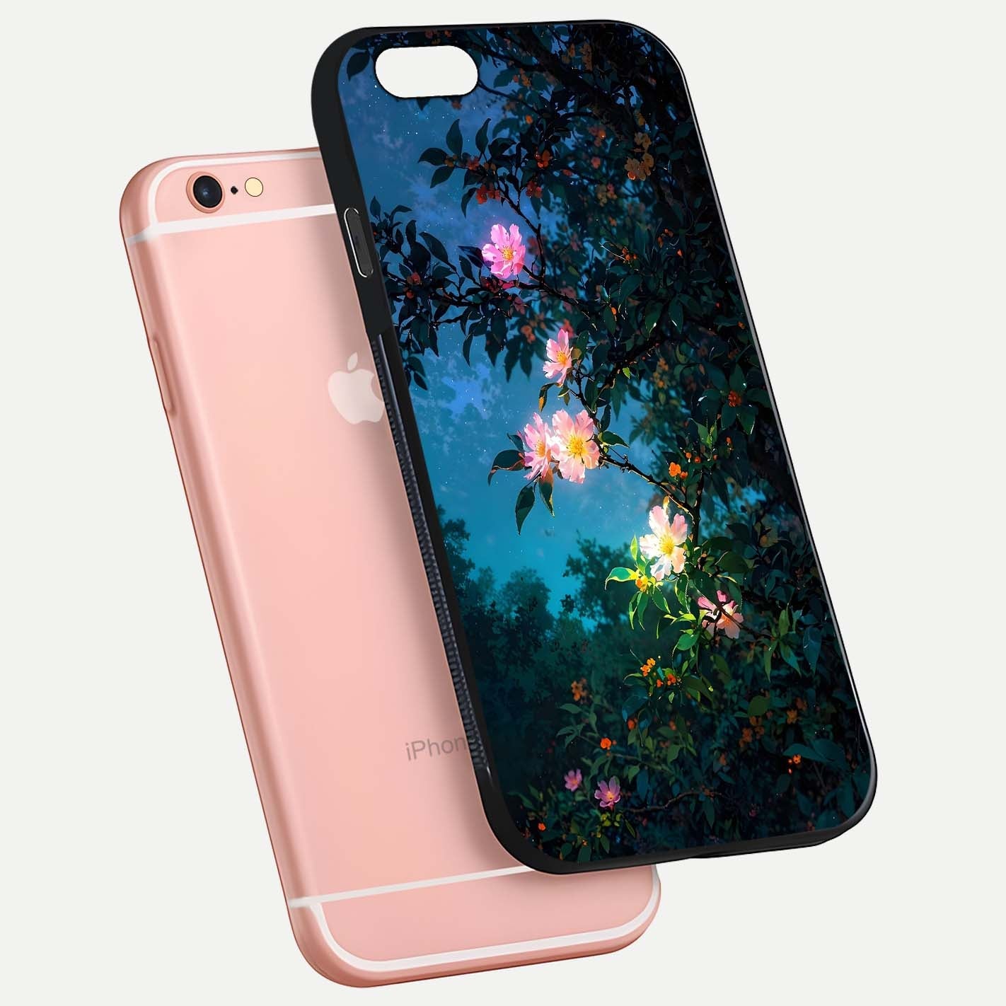 Midnight Bloom Glow Glass Case for iPhone 6 Plus floating dual-view mockup showing HD gloss and floral contrast