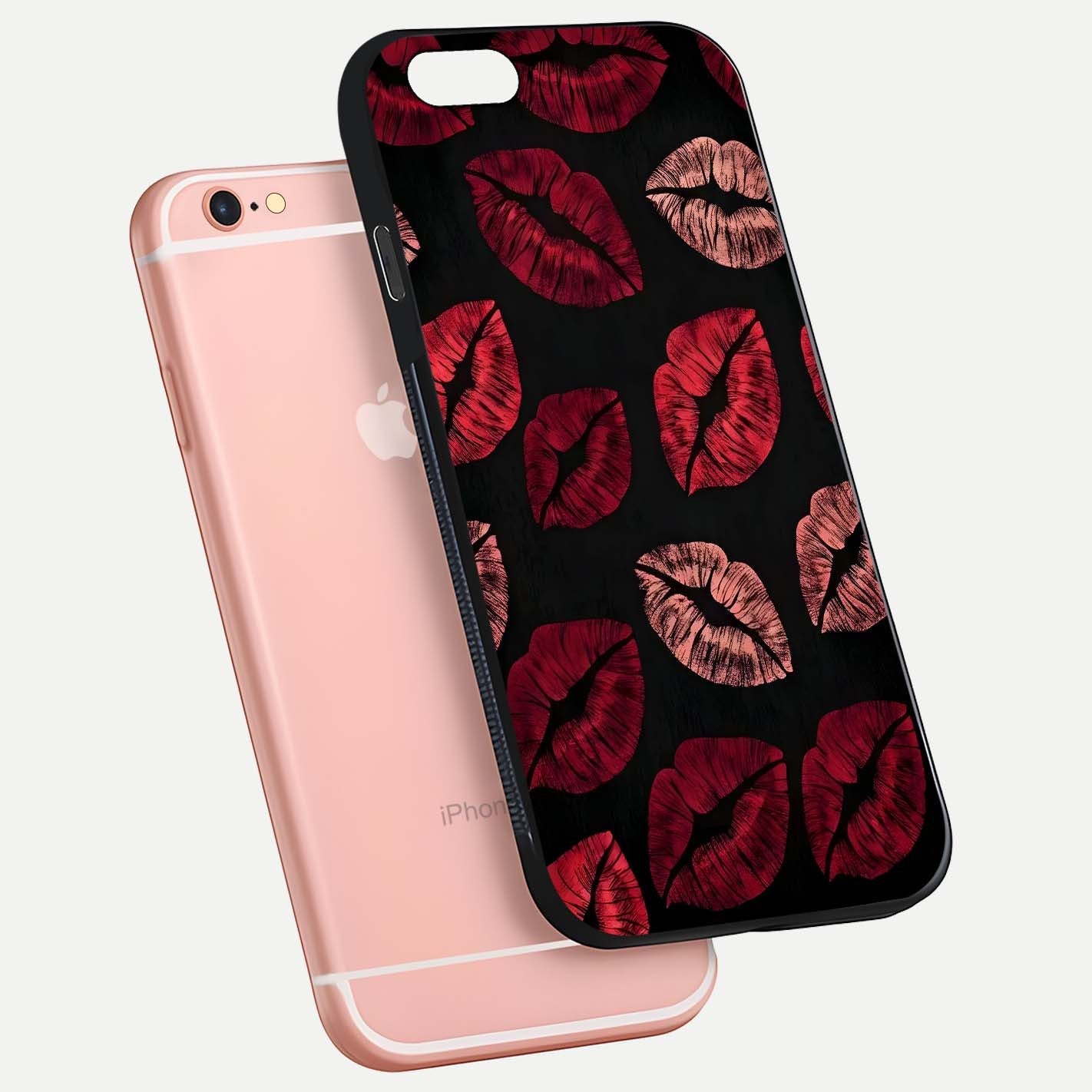 Midnight Kiss Love Glass Case for iPhone 6 Plus floating dual-view mockup showing HD gloss and elegant edge design