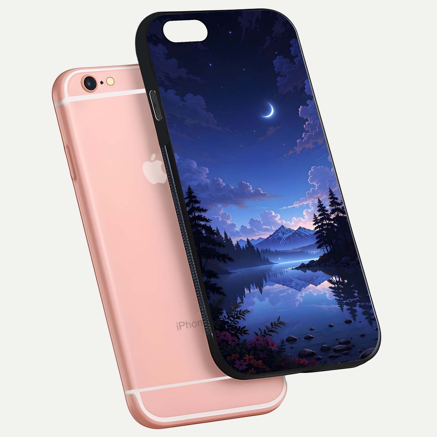 Midnight Lake Peace Glass Case for iPhone 6 Plus floating dual-view mockup showing gloss finish and peaceful art