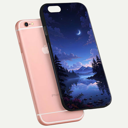 Midnight Lake Peace Glass Case for iPhone 6 Plus floating dual-view mockup showing gloss finish and peaceful art