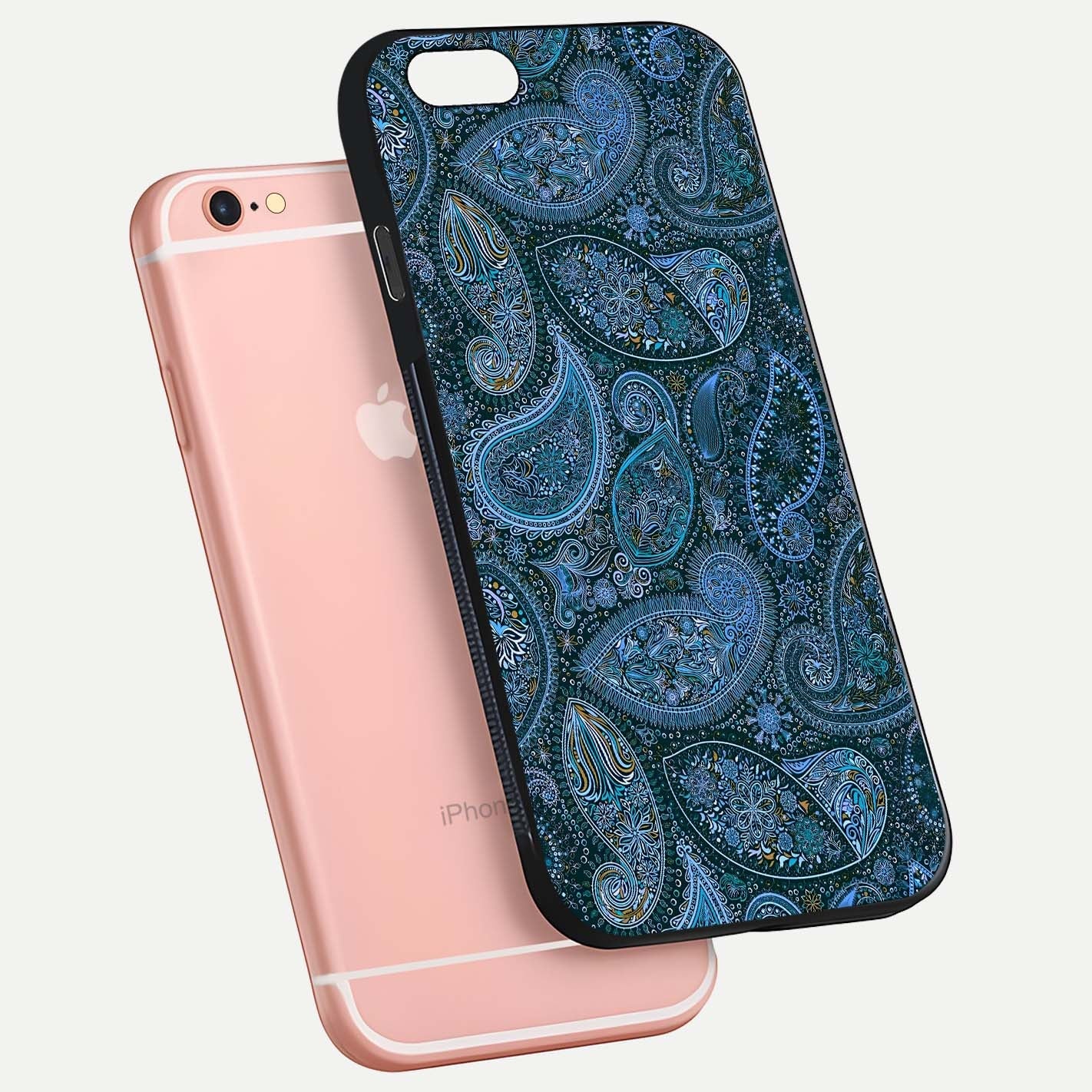Midnight Paisley Glow Glass Case for iPhone 6 Plus floating dual-view mockup showing HD gloss and rich pattern