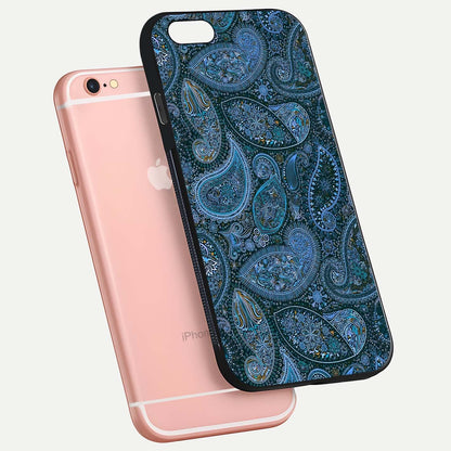 Midnight Paisley Glow Glass Case for iPhone 6 Plus floating dual-view mockup showing HD gloss and rich pattern