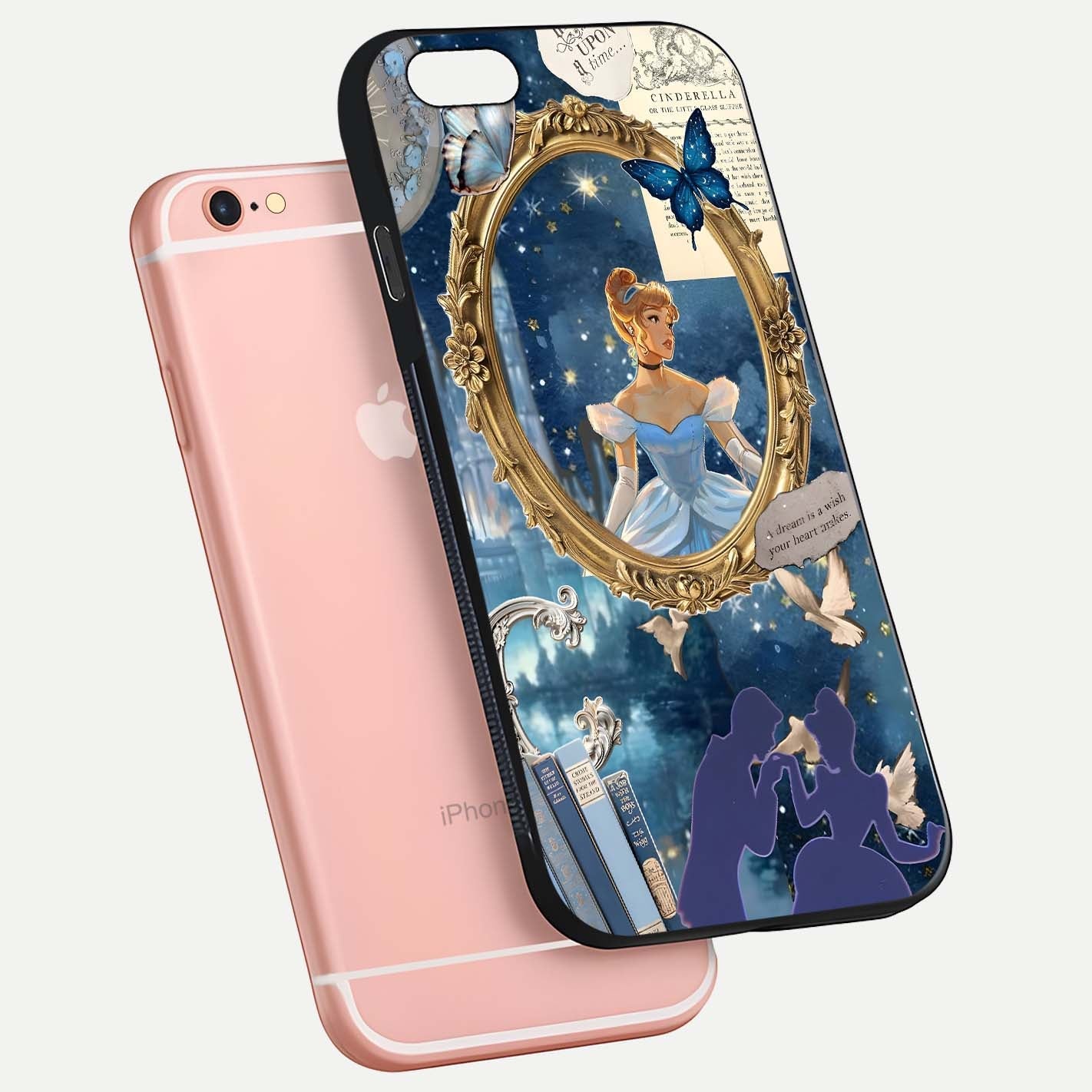 Midnight Queen Glass Case for iPhone 6 Plus floating dual-view mockup showing HD glass shine and luxury art