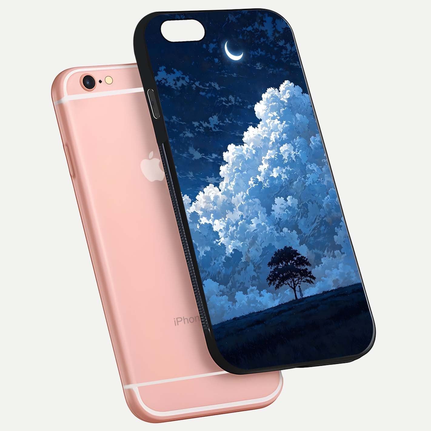 Midnight Sky Serenity Glass Case for iPhone 6 Plus floating dual-view mockup showing HD gloss and night shine