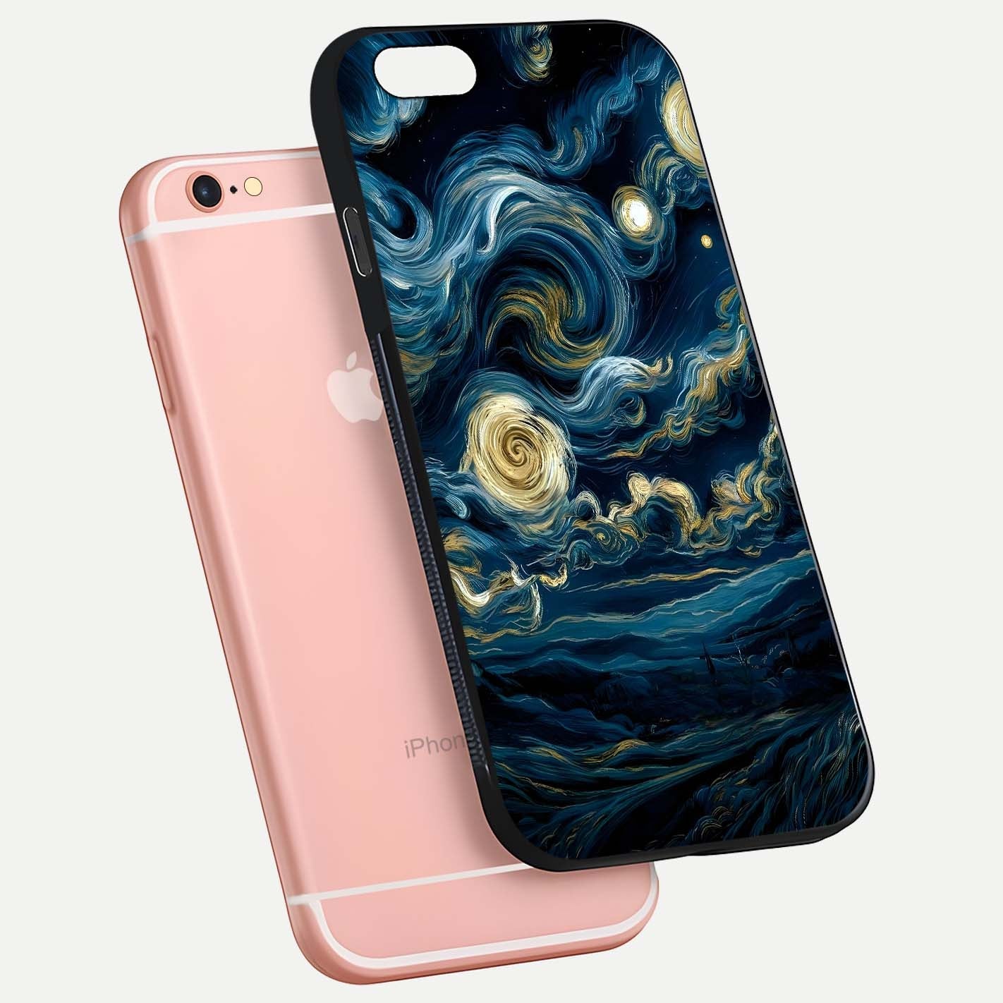 Midnight Sky Whirl Glass Case for iPhone 6 Plus floating dual-view mockup showing gloss texture and shine