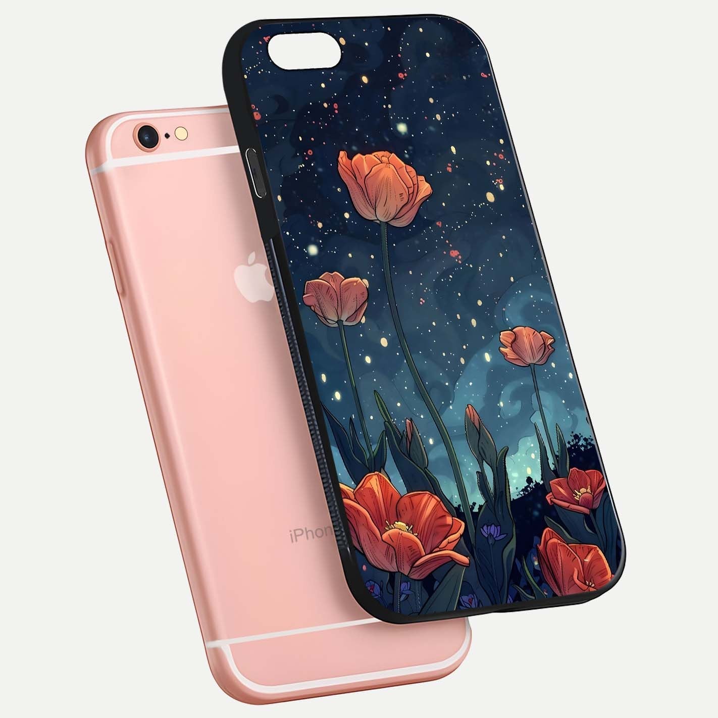 Midnight Tulip Glow Glass Case for iPhone 6 Plus floating dual-view mockup showing HD gloss and tulip tone