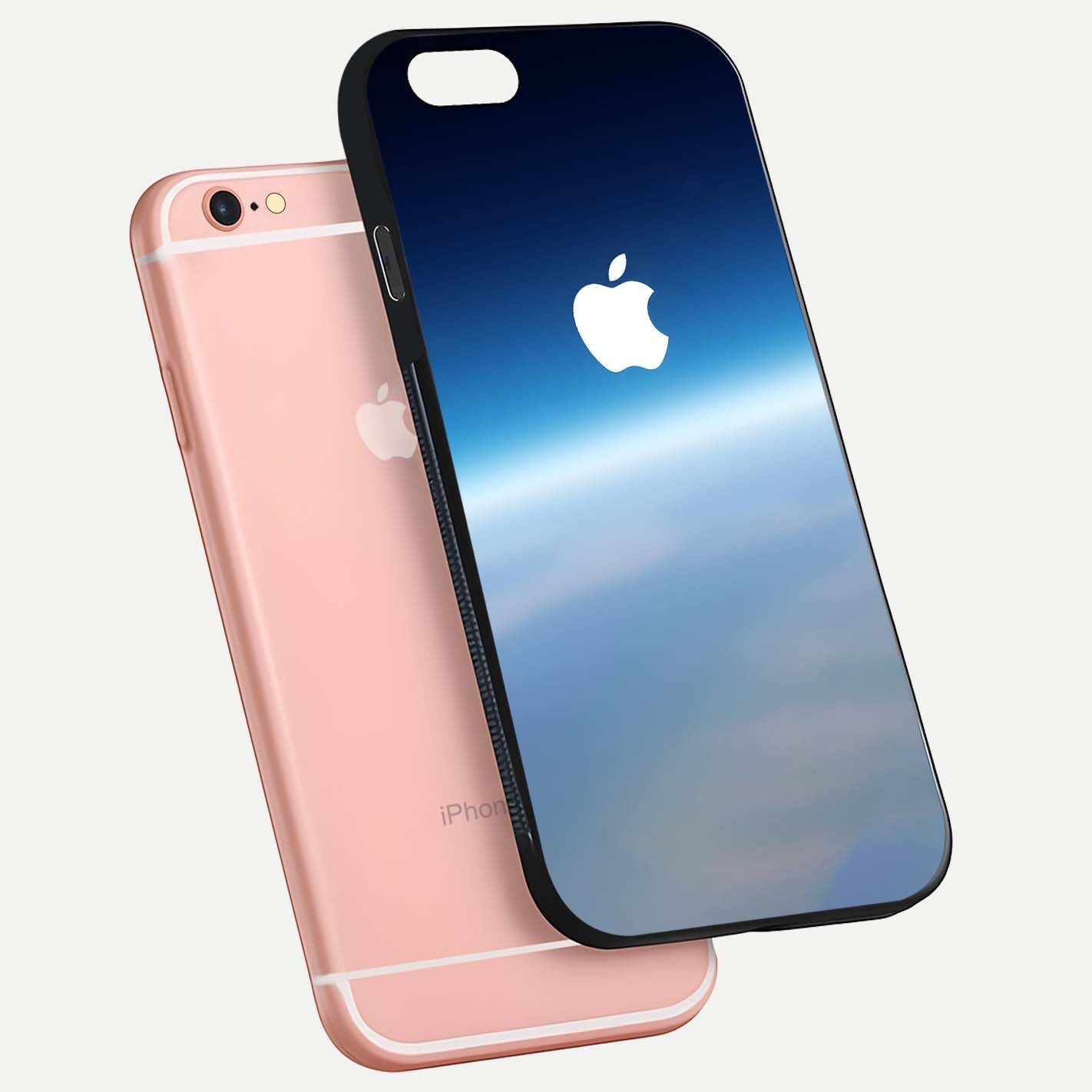 Minimal Apple Sky Glass Case for iPhone 6 Plus floating dual-view mockup showing HD gloss and Apple design