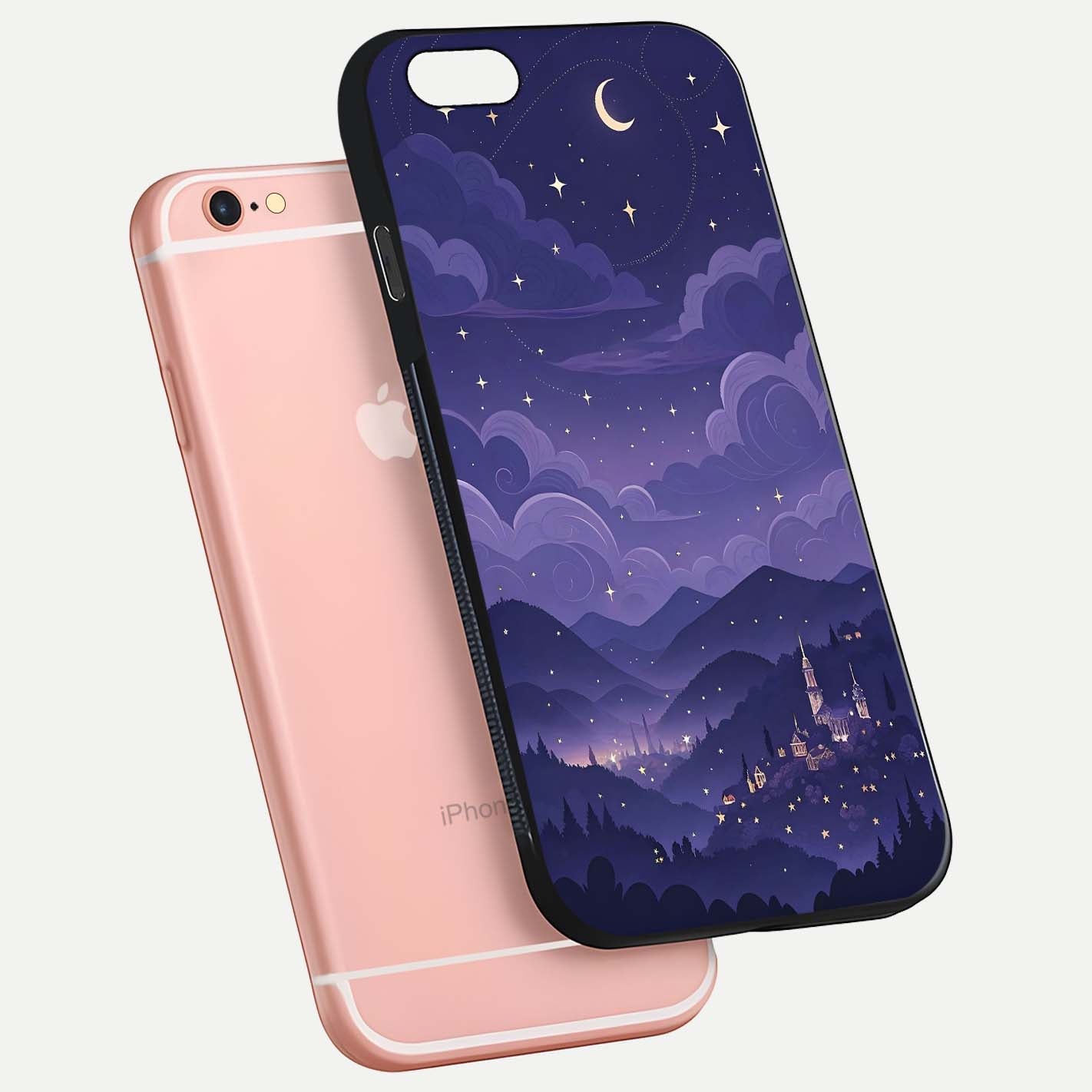 Minimal Night View Glass Case for iPhone 6 Plus floating dual-view mockup showing HD gloss and clean lines