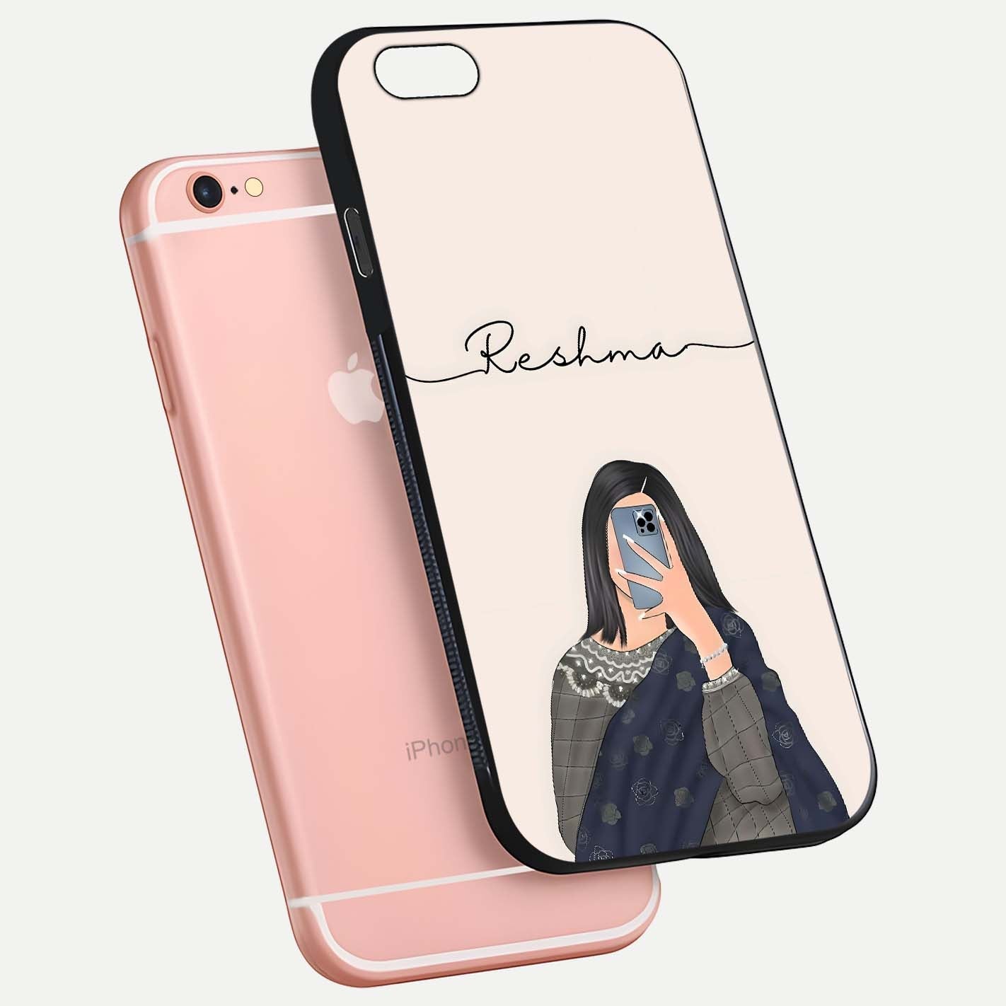 Mirror Mood Muse Custom Name Glass Case for iPhone 6 Plus floating dual-view mockup showing reflection and luxury style