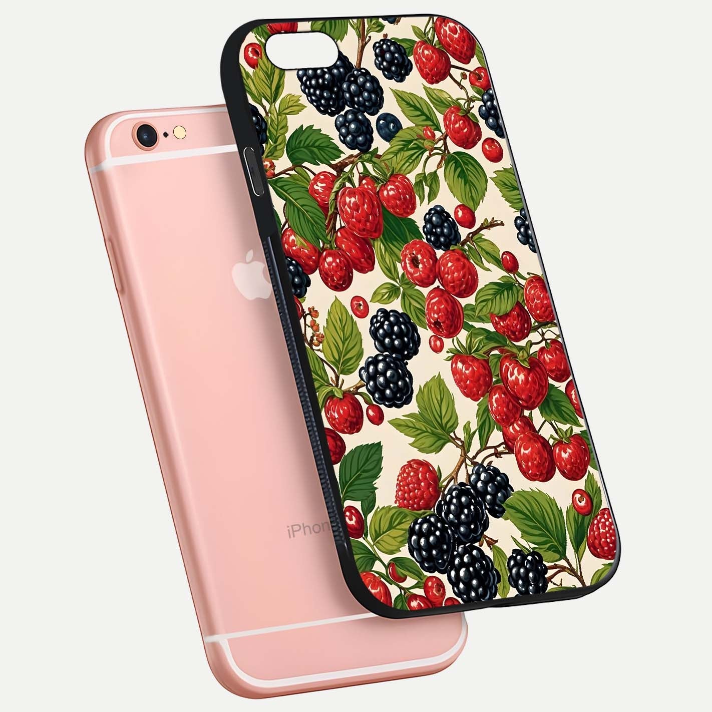 Mixed Berry Collage Glass Case for iPhone 6 Plus floating dual-view mockup showing gloss depth and vibrant design