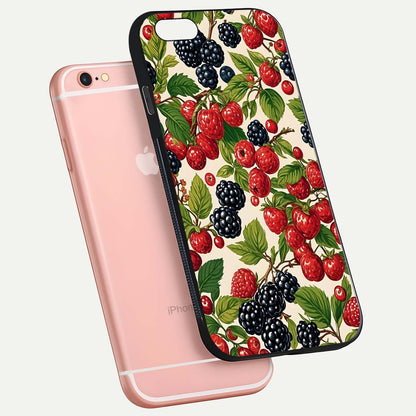 Mixed Berry Collage Glass Case for iPhone 6 Plus floating dual-view mockup showing gloss depth and vibrant design