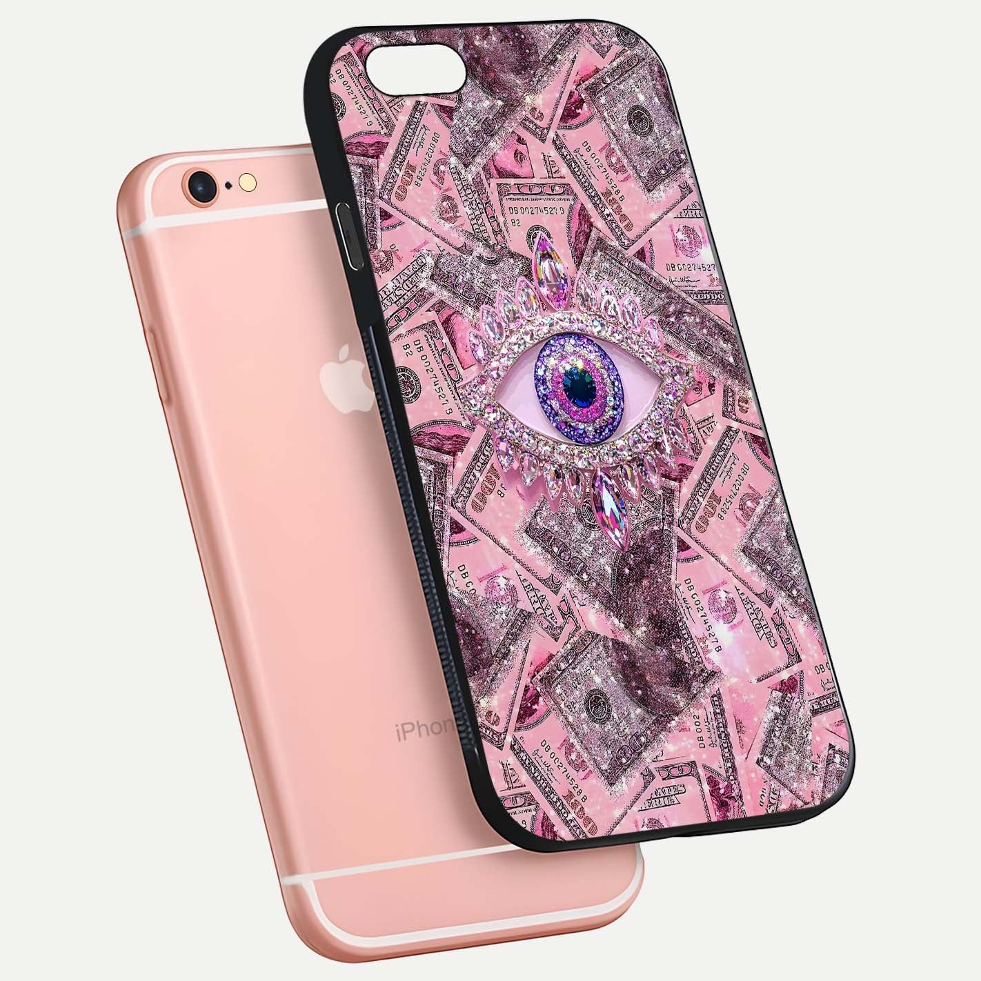 Money Eye Luxe Glass Case for iPhone 6 Plus floating dual-view mockup showing gloss surface and premium look