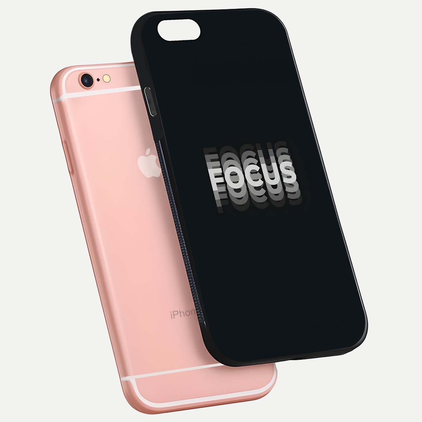 Mono Focus Vision Glass Case for iPhone 6 Plus floating dual-view mockup showing HD gloss and elegant simplicity
