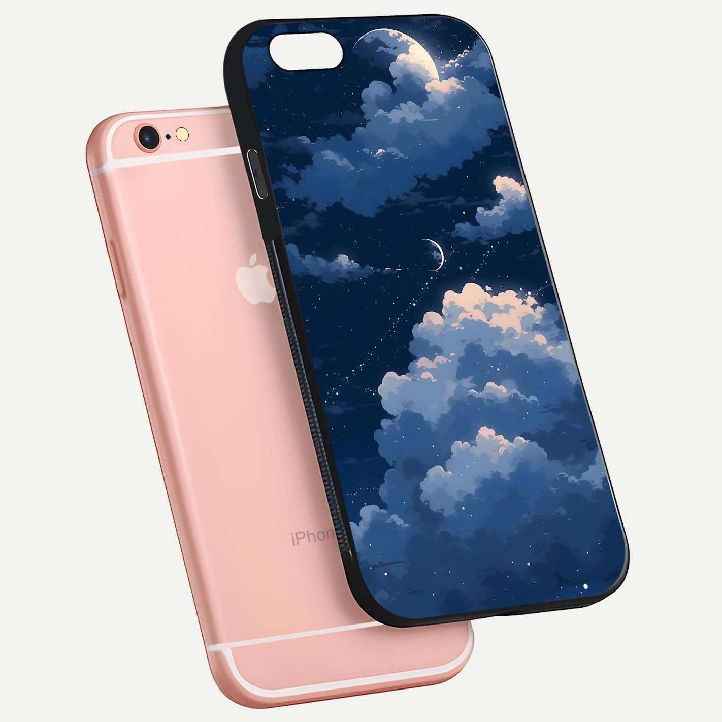 Moon Dream Haze Glass Case for iPhone 6 Plus floating dual-view mockup showing gloss texture and calm tones