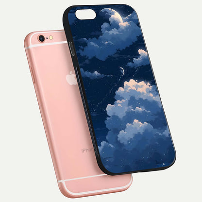 Moon Dream Haze Glass Case for iPhone 6 Plus floating dual-view mockup showing gloss texture and calm tones
