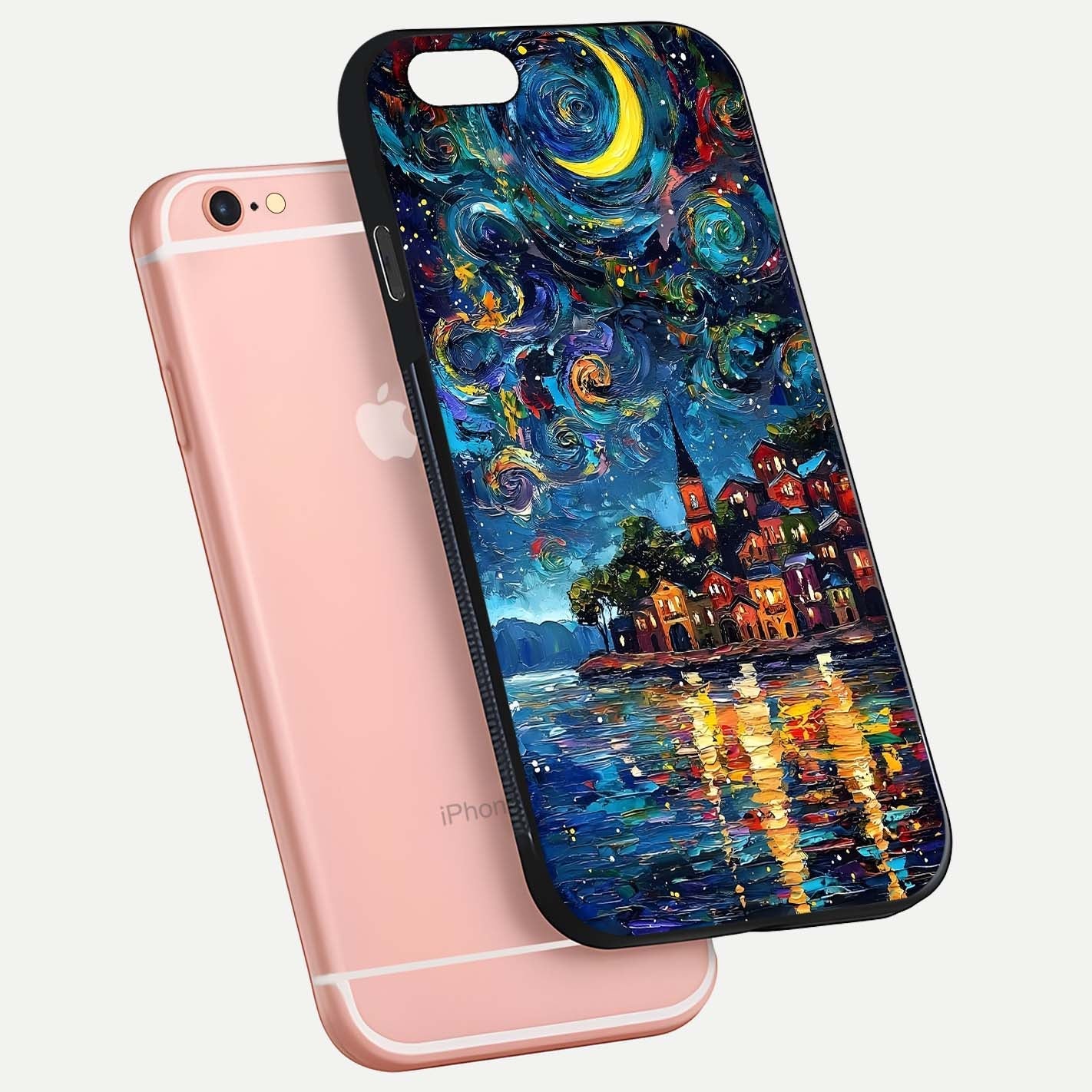 Moonlight Harbor Glow Glass Case for iPhone 6 Plus floating dual-view mockup showing gloss brightness and glow
