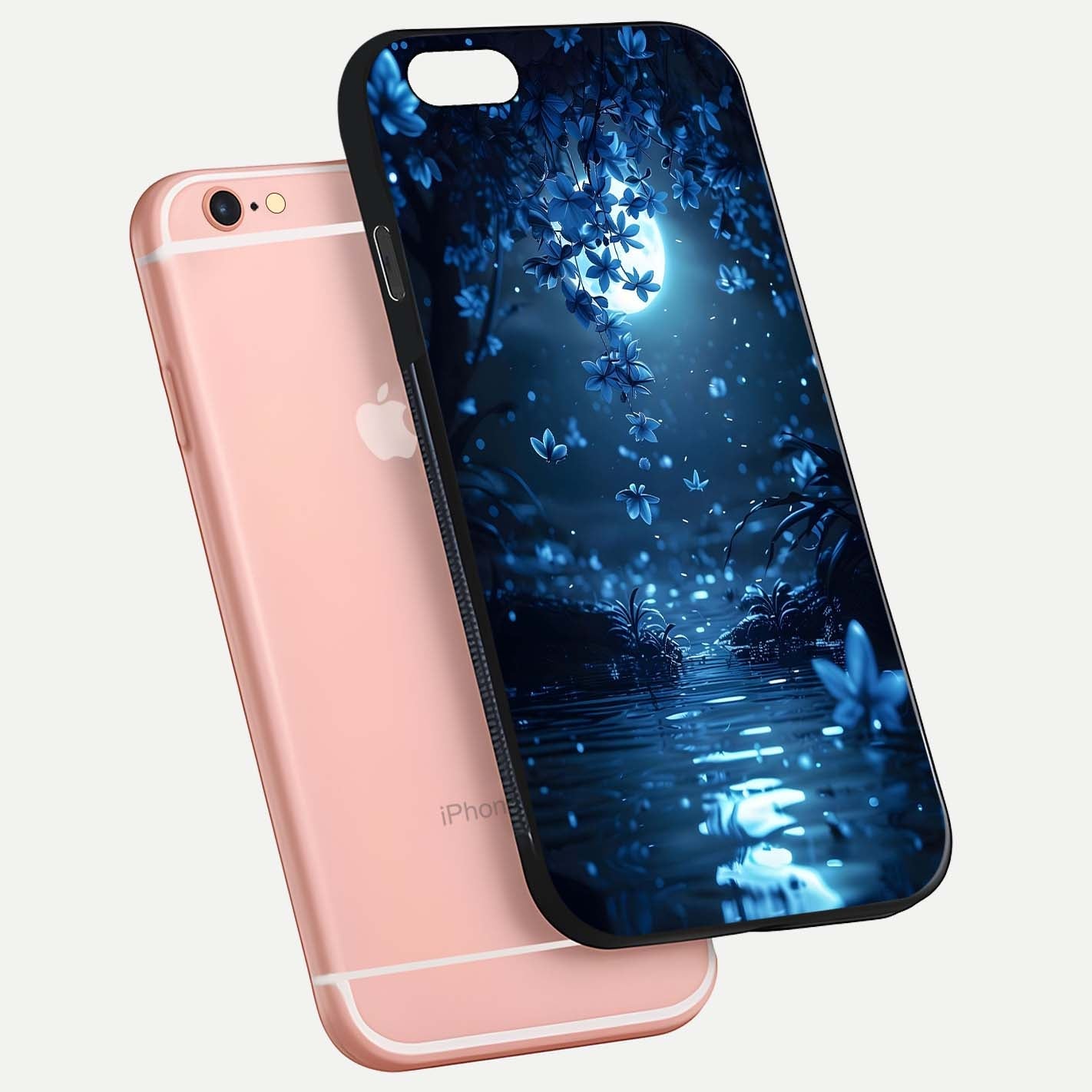 Moonlight Petal Dream Glass Case for iPhone 6 Plus floating dual-view mockup showing HD gloss and dreamy art
