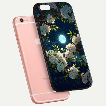 Moonlit Blossom Dream Glass Case for iPhone 6 Plus floating dual-view mockup showing gloss texture and floral tone
