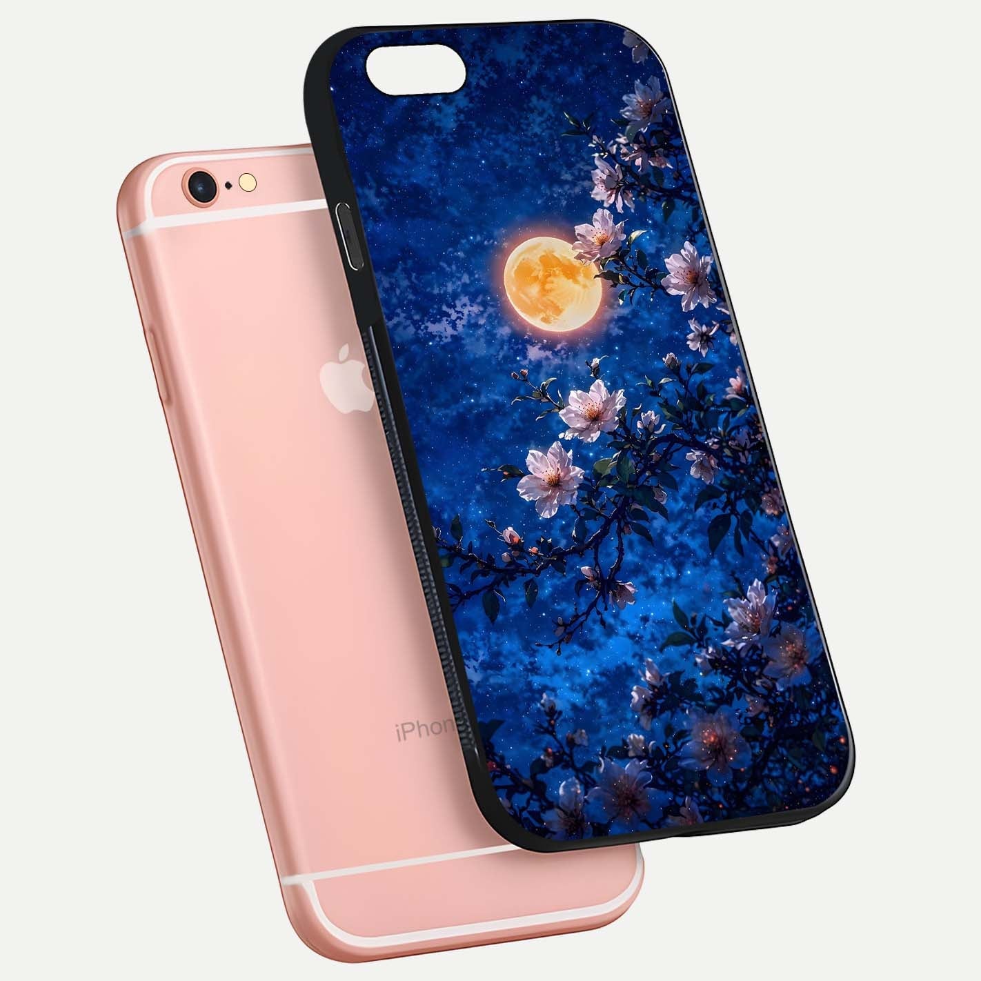Moonlit Blossoms Night Glass Case for iPhone 6 Plus floating dual-view mockup showing HD gloss and floral contrast