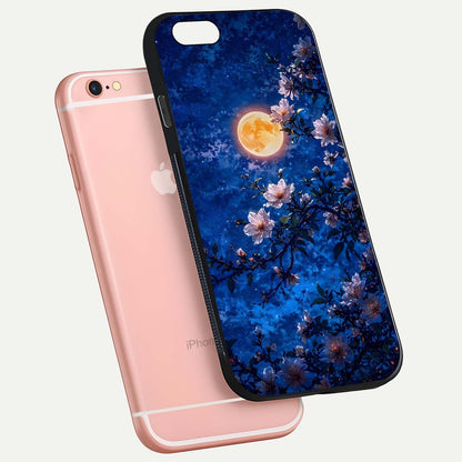 Moonlit Blossoms Night Glass Case for iPhone 6 Plus floating dual-view mockup showing HD gloss and floral contrast