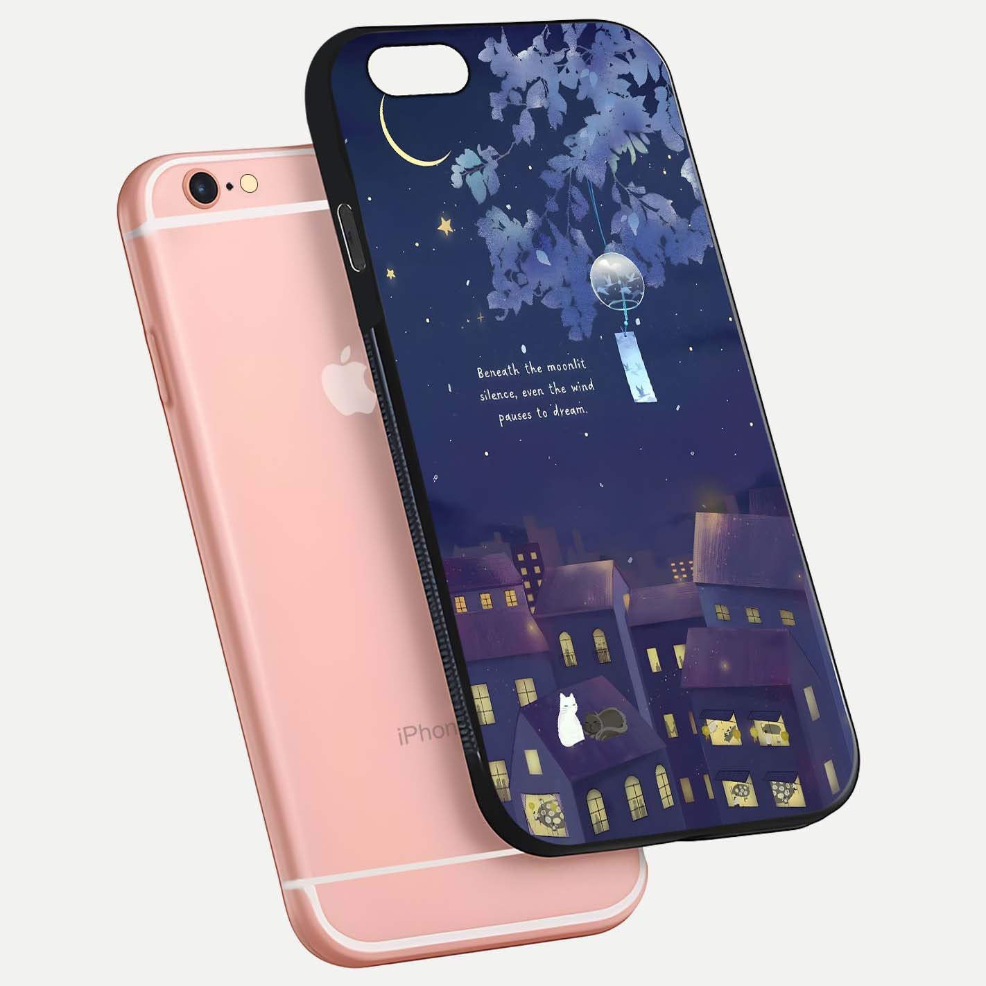 Moonlit Cat Silence Glass Case for iPhone 6 Plus floating dual-view mockup showing gloss reflection and moon art