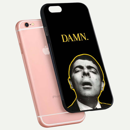 Mr Bean Damn Glass Case for iPhone 6 Plus floating dual-view mockup showing reflective gloss and vivid tones