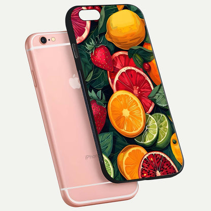 Multiple Fruits Glass Case for iPhone 6 Plus floating dual-view mockup showing reflection depth and freshness