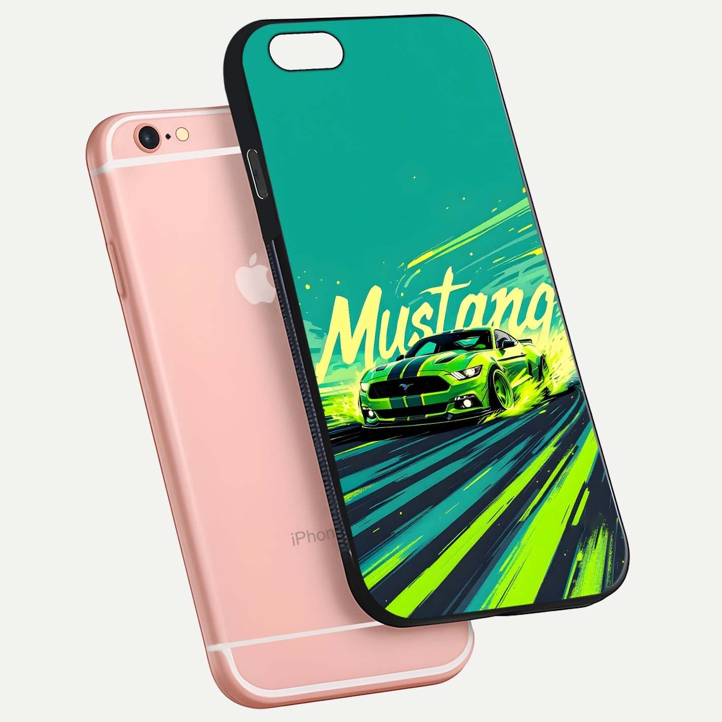 Mustang Bang Glass Case for iPhone 6 Plus floating dual-view mockup showing gloss depth and power design