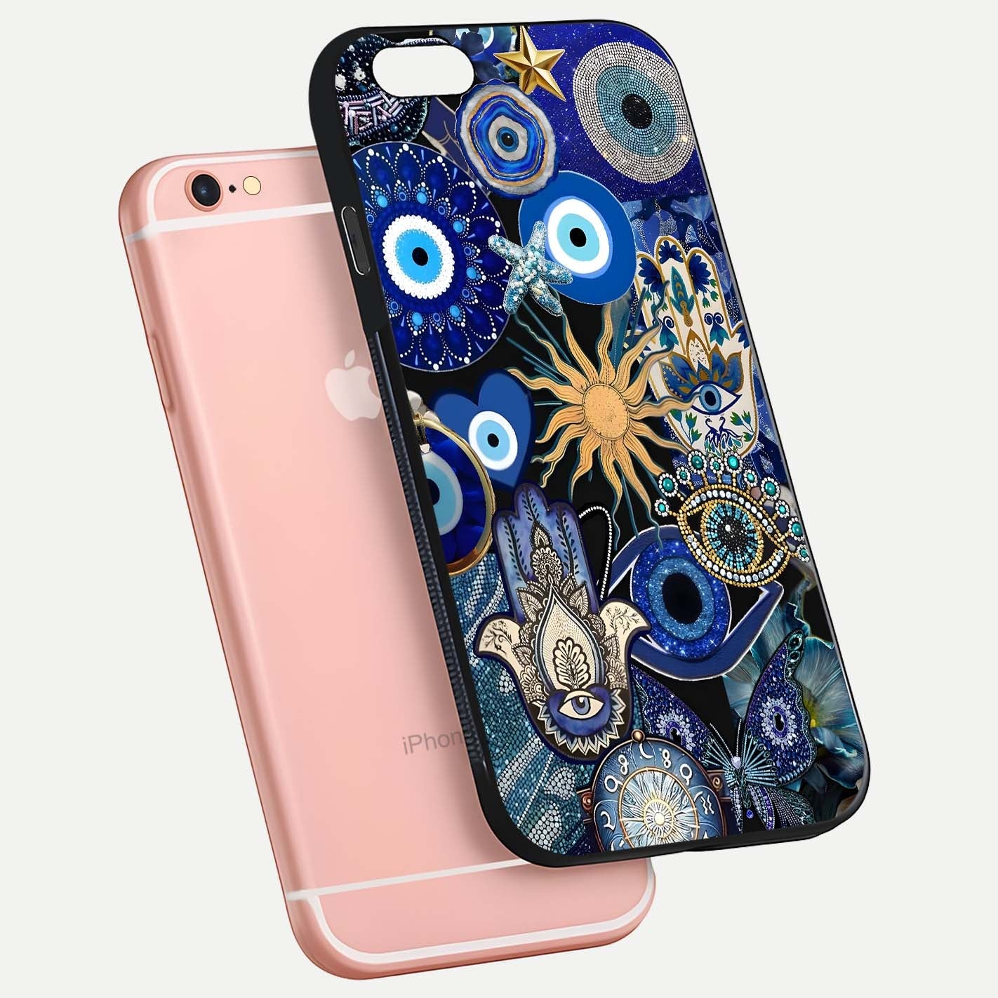 Mystic Blue Evil Eye Glass Case for iPhone 6 Plus floating dual-view mockup showing gloss depth and sacred symbol