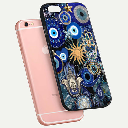 Mystic Blue Evil Eye Glass Case for iPhone 6 Plus floating dual-view mockup showing gloss depth and sacred symbol