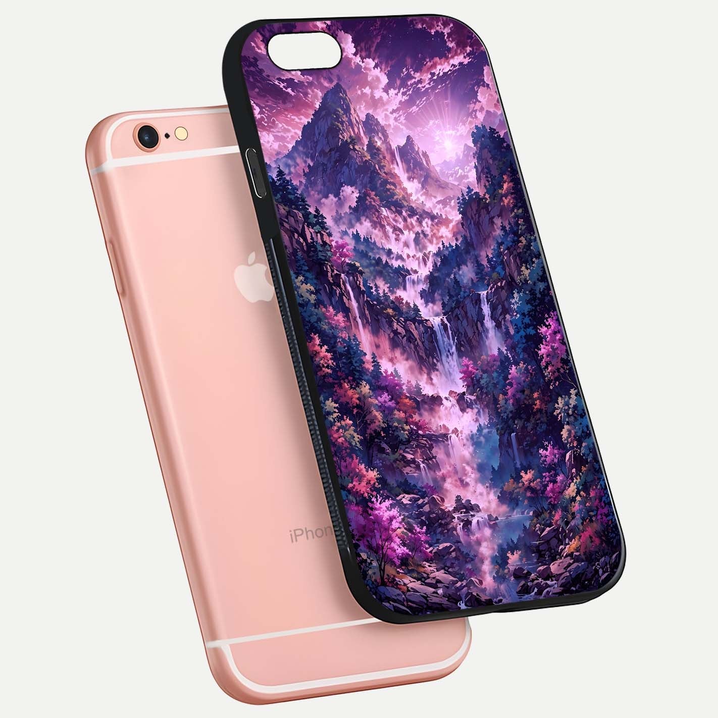 Mystic Cascade Peaks Glass Case for iPhone 6 Plus floating dual-view mockup showing gloss texture and depth