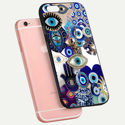 Mystic Charm Eye Glass Case for iPhone 6 Plus floating dual-view mockup showing gloss glow and charm symbol