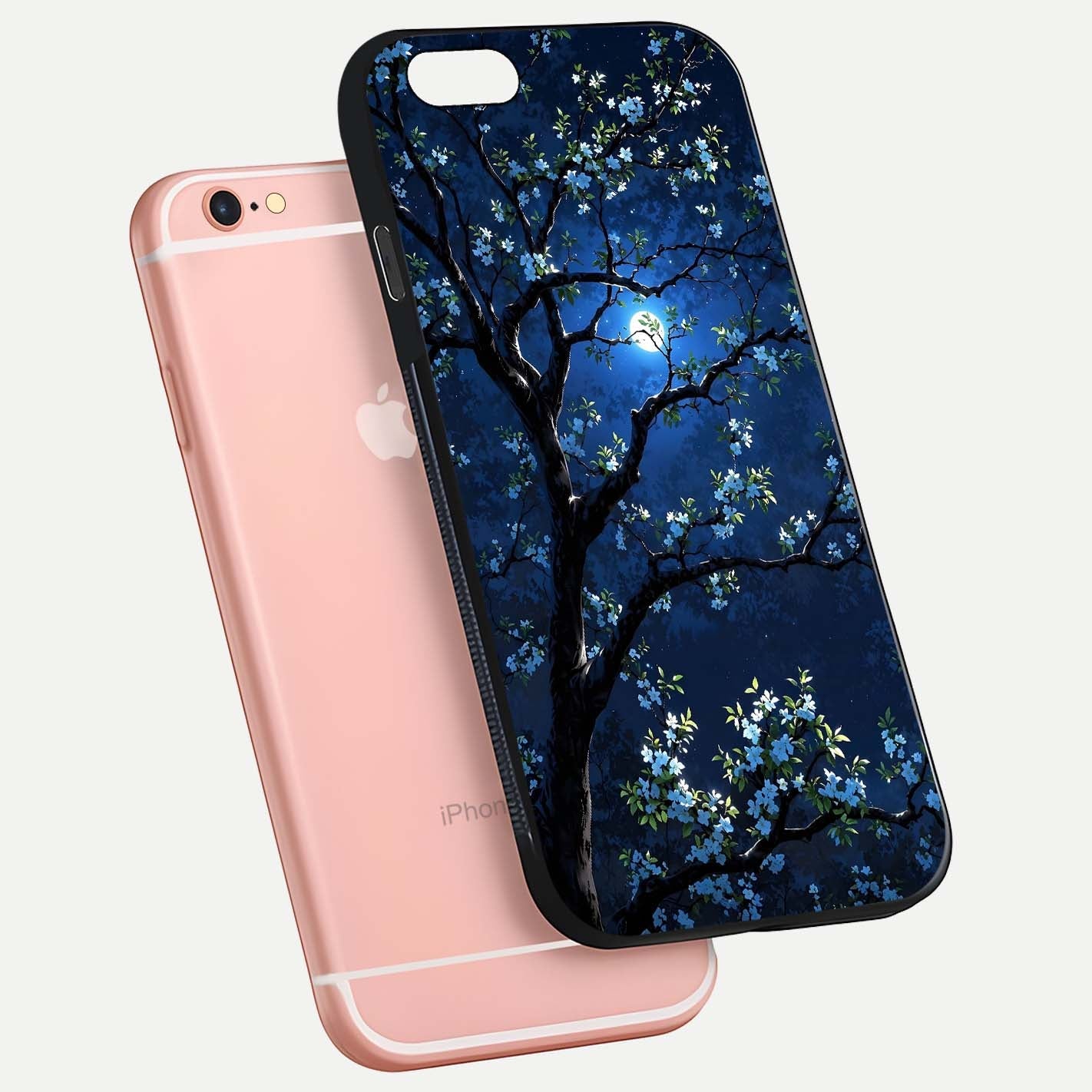 Mystic Floral Night Glass Case for iPhone 6 Plus floating dual-view mockup displaying shine and rich color depth