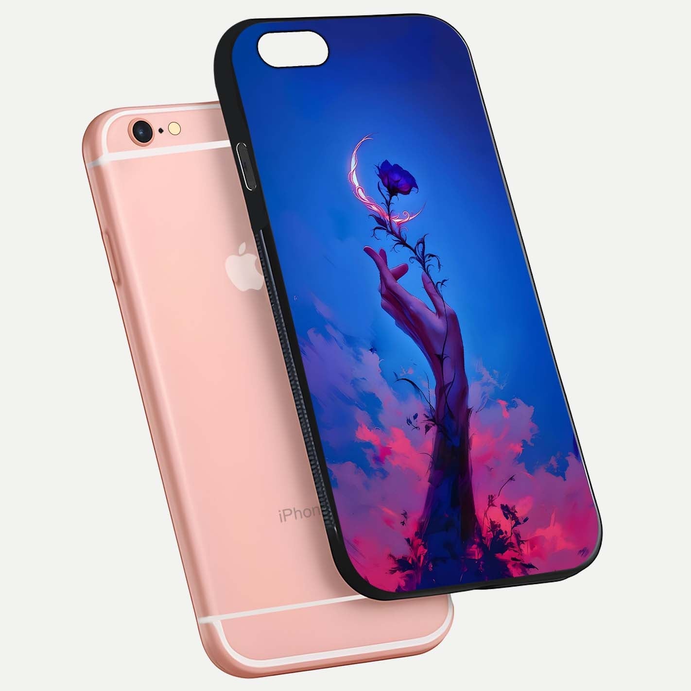 Mystic Hand Glass Case for iPhone 6 Plus floating dual-view mockup showing HD shine and fine palm detail
