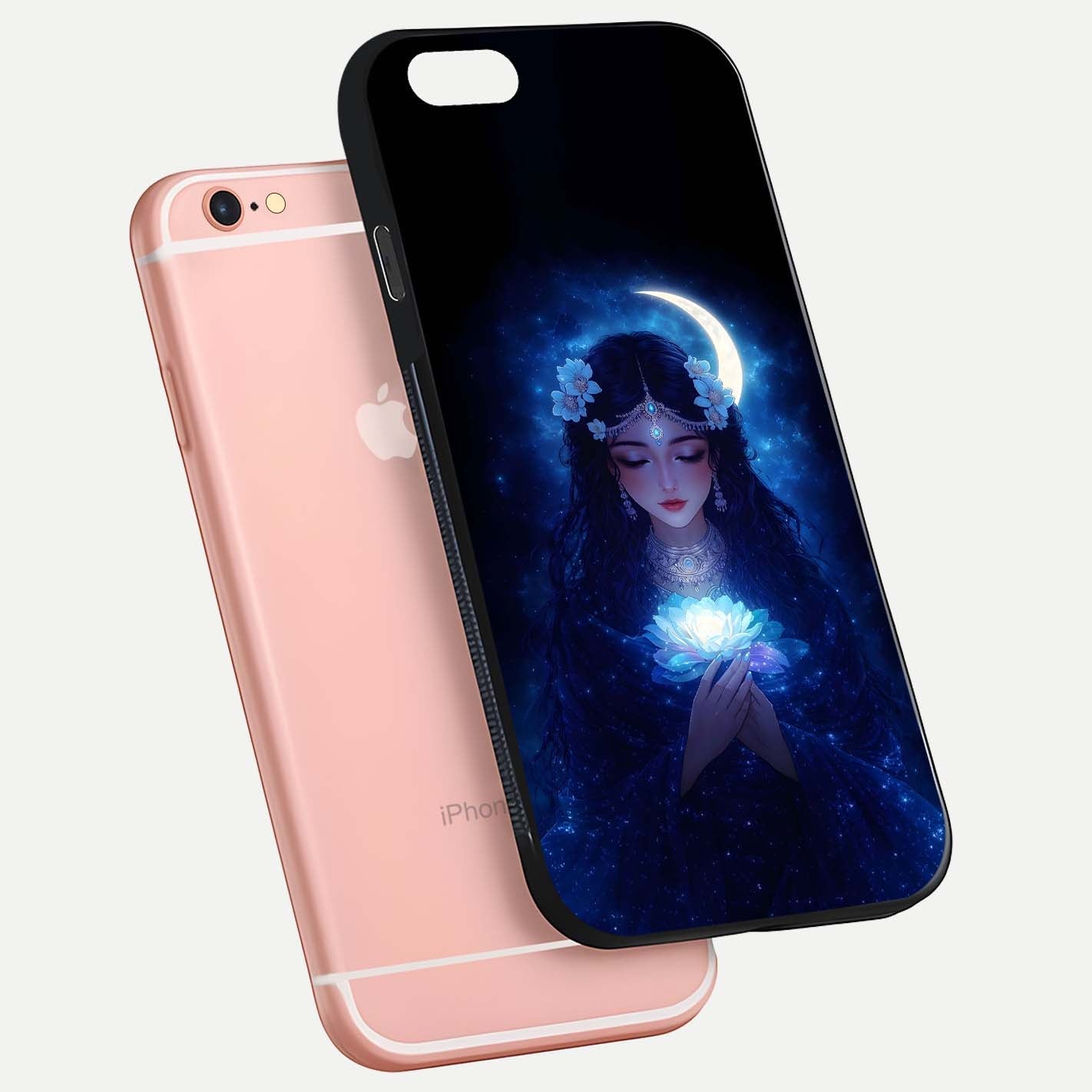 Mystic Moon Queen Glass Case for iPhone 6 Plus floating dual-view mockup showing HD gloss and cosmic glow