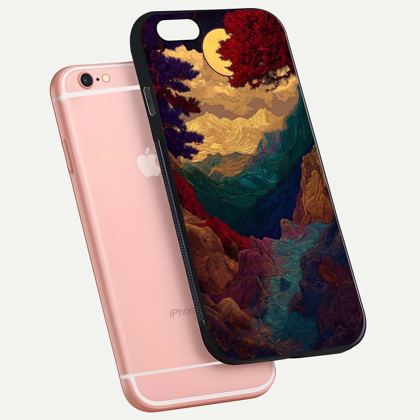 Mystic Valley Light Glass Case for iPhone 6 Plus floating dual-view mockup showing HD gloss and light blend
