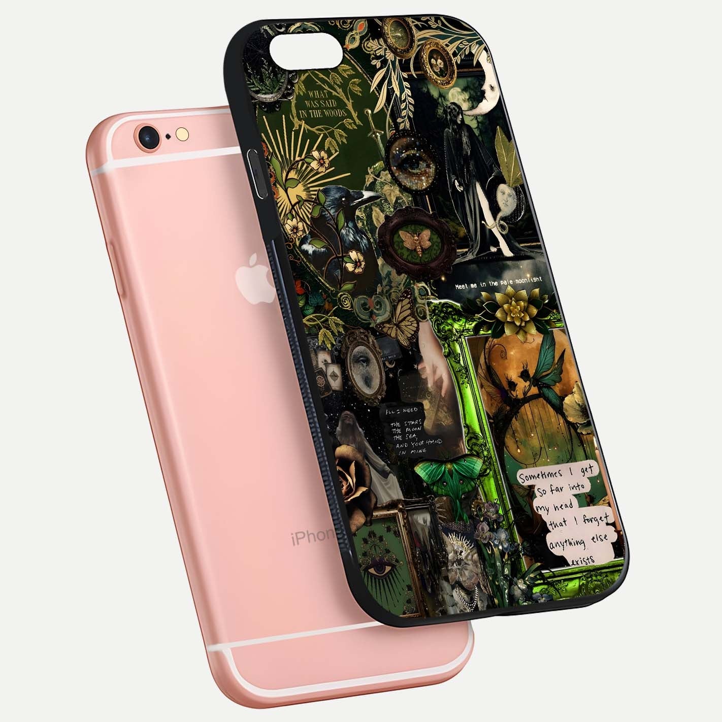 Mystic Woods Secret Glass Case for iPhone 6 Plus floating dual-view mockup showing HD shine and depth