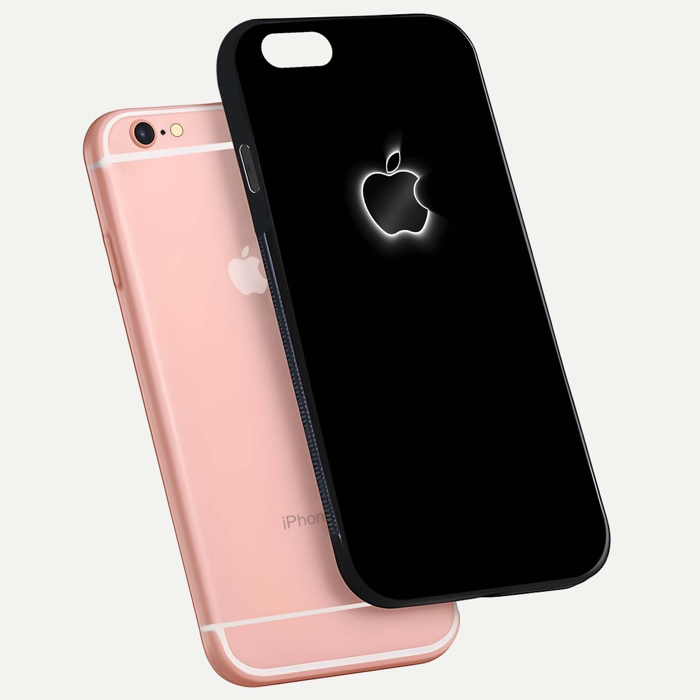 Neon Apple Glow Glass Case for iPhone 6 Plus floating dual-view mockup showing HD shine and modern look