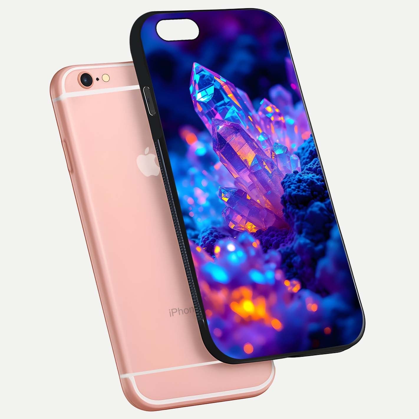 Neon Aura Shards Glass Case for iPhone 6 Plus floating dual-view mockup showing HD shine and shard texture