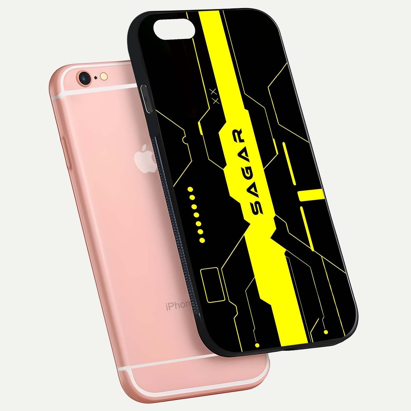 Neon CYBERPUNK Custom Name Glass Case for iPhone 6 Plus floating dual-view mockup showing HD shine and neon lines