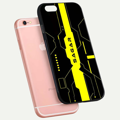 Neon CYBERPUNK Custom Name Glass Case for iPhone 6 Plus floating dual-view mockup showing HD shine and neon lines